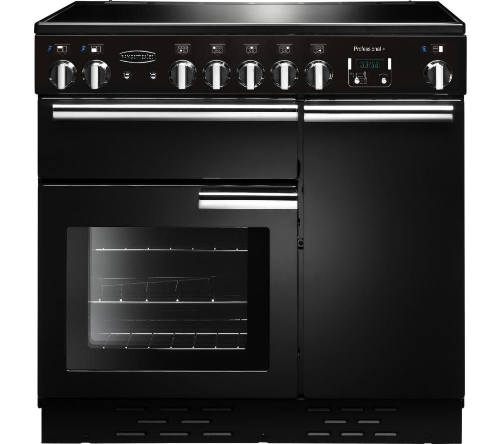 Black 90cm electric range cooker featuring a sleek design, six control knobs, a digital display, and a large glass oven door with a stainless steel handle.