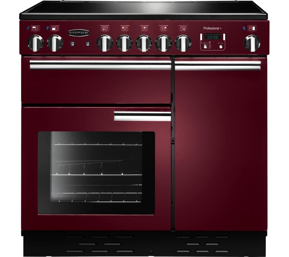 90cm Rangemaster Professional Plus ceramic range cooker in cranberry with chrome trim, featuring six control knobs, a digital display, and a large glass oven door.
