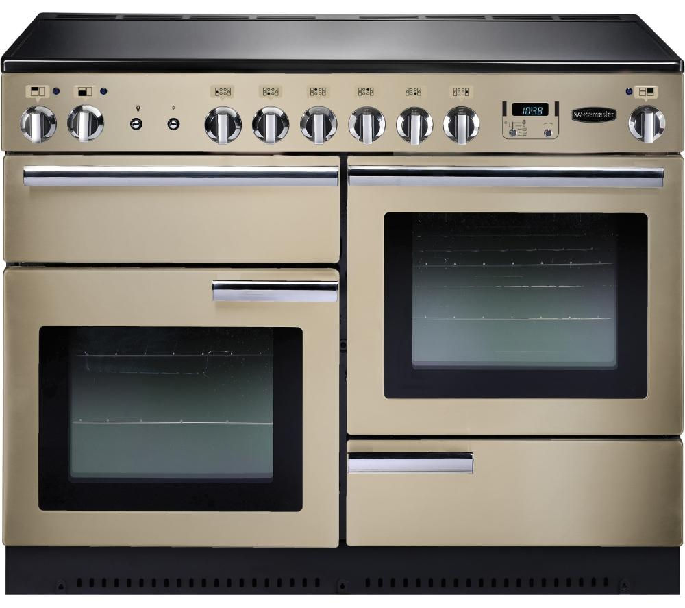Cream and chrome-trimmed 110cm ceramic range cooker featuring two ovens, a five-burner hob, and control knobs, showcasing a sleek and professional design.