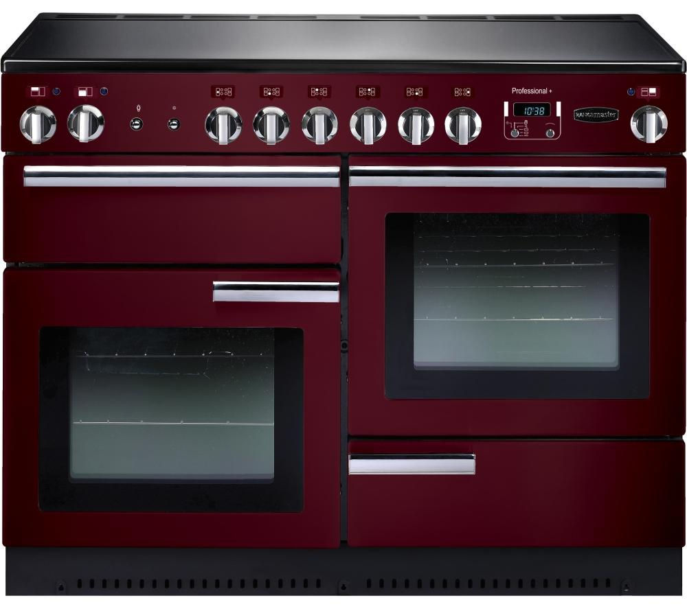 Cranberry ceramic range cooker with chrome trim, featuring two ovens, five burners, and a sleek control panel with knobs and digital display.