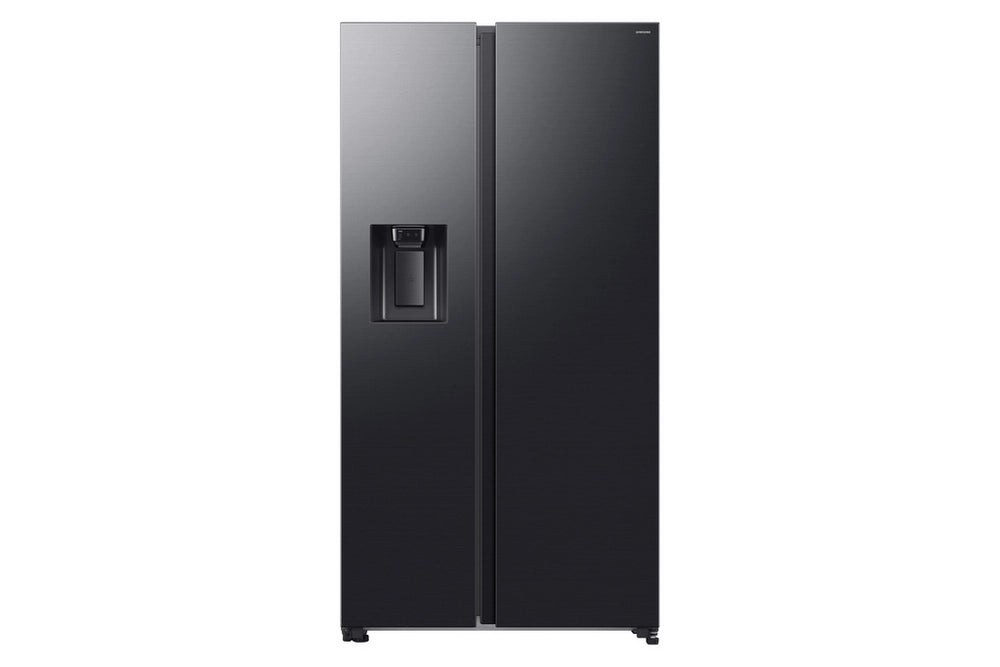 Sleek black Samsung Bespoke AI Side-by-Side Refrigerator with a 640L capacity, featuring a water dispenser and modern brushed metal finish.