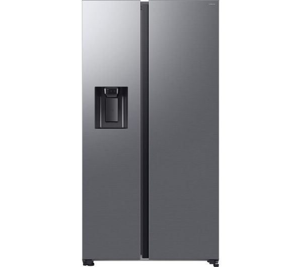 Samsung Bespoke AI Side-by-Side Refrigerator in sleek silver finish, featuring a 640L capacity, SpaceMax technology, and a built-in water dispenser on the front.