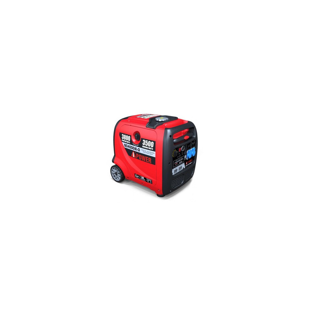 Red and black A-iPower 3.8kW petrol inverter generator with sine wave output, featuring a control panel, wheels for mobility, and a compact design.