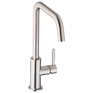 Brushed nickel kitchen mixer tap with a single lever, featuring a tall, curved spout and a sleek, modern design, ideal for contemporary kitchens.