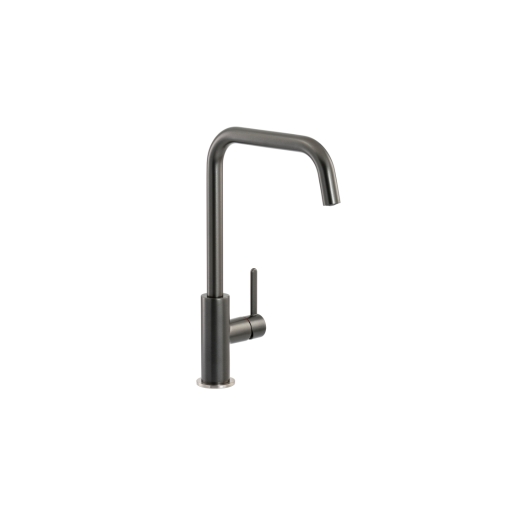 Graphite-colored single lever kitchen sink mixer tap with a sleek, modern design and a high, curved spout for easy water flow control.