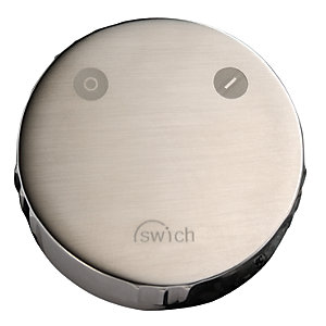 Round brushed nickel diverter valve handle featuring a smooth surface, two control symbols, and the Swich logo, designed for a classic filter system.