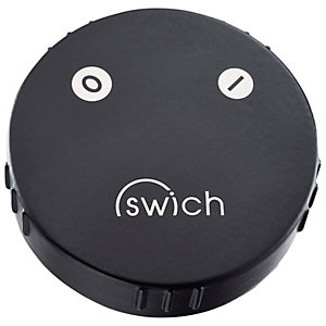 Round matt black diverter valve handle with high resin filter, featuring a sleek design and two silver buttons marked 'O' and 'I', branded with the 'swich' logo.