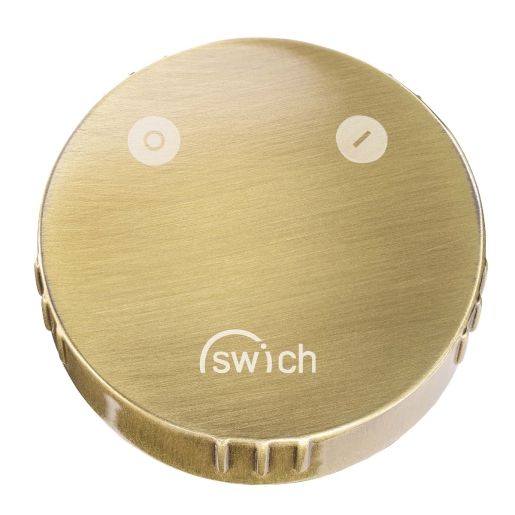 Round brushed brass diverter valve handle with a classic filter design, featuring a smooth finish and two control symbols on the top.