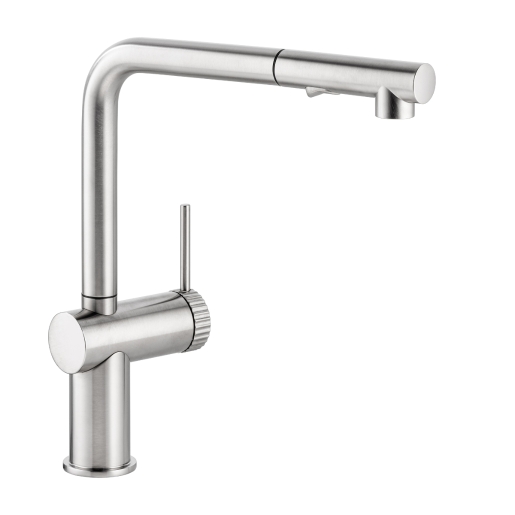 Brushed nickel kitchen mixer tap with a sleek, modern design, featuring a pull-out spray head and a single lever control for easy operation.