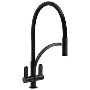 Abode AT2183 Genio kitchen mixer in matte black features a sleek, curved spout with a pull-around hose and dual control handles for precise temperature and flow adjustment.