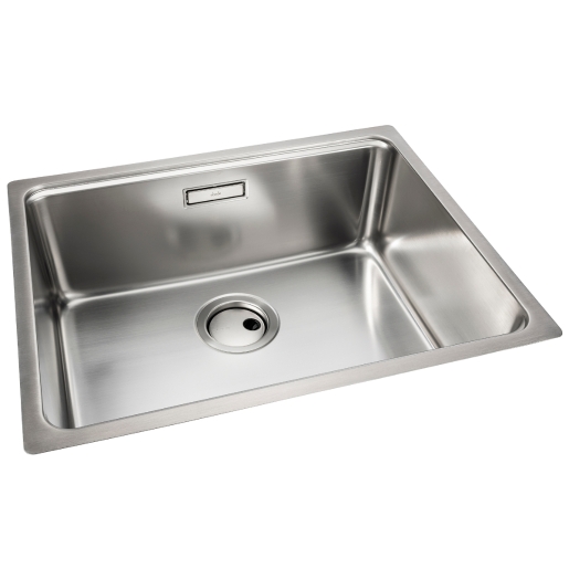 Large rectangular stainless steel sink with a polished finish, featuring a central drain and a sleek, modern design suitable for kitchen use.