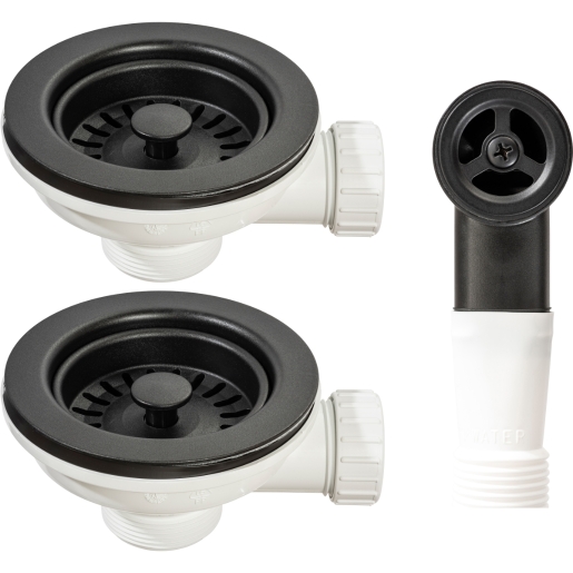 Two round, matt black waste fittings with a sleek design, featuring a central twist mechanism and attached white connectors for plumbing.