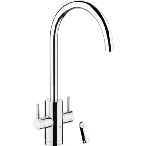 Sleek chrome 4-in-1 hot water tap with a high arc spout, dual lever controls, and a compact PB4E boiler and filter system for instant boiling water.