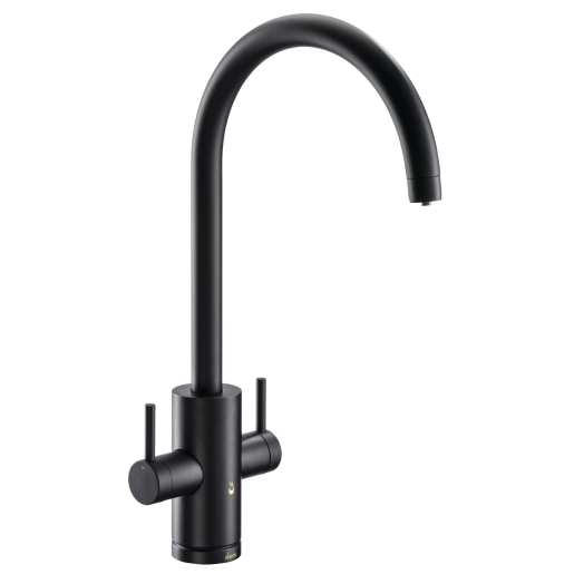 Matt black 4-in-1 hot water tap with a sleek curved spout, dual lever controls, and integrated PB4E boiler and filter for instant hot water.