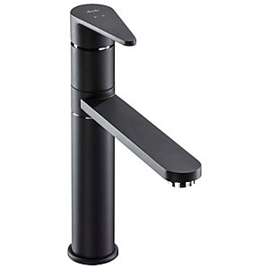 Matt black single lever kitchen mixer tap with a sleek, modern design, featuring a cylindrical body and a flat spout for streamlined water flow.