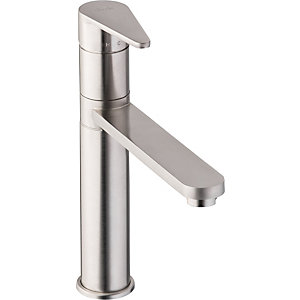 Brushed nickel single lever sink tap with a sleek, modern design, featuring a cylindrical body and a flat, elongated spout for easy water flow control.
