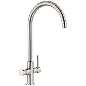 Brushed nickel hot water tap with a slimline design, featuring a high arched spout, a single lever control, and a built-in filter for convenient access to hot water.