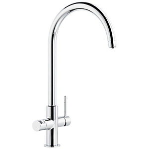 Sleek chrome hot water tap with a curved spout, featuring a single lever control and a compact design, ideal for modern kitchens.