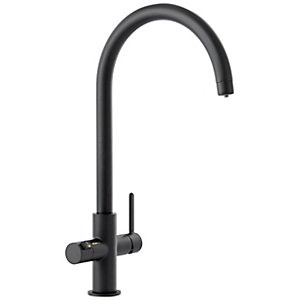 Sleek matt black 3-in-1 hot water tap with a curved spout, featuring a side lever for temperature control and a minimalist design, made from durable materials.