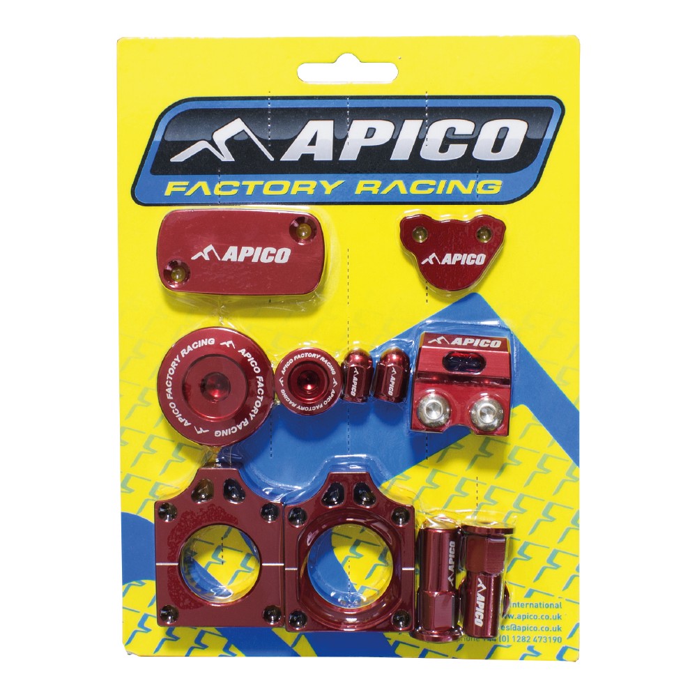 Red aluminum Apico Factory Bling Pack for Honda CRF450X (2005-2018) featuring various components like caps, clamps, and bolts, all branded with the Apico logo on a bright yellow background.