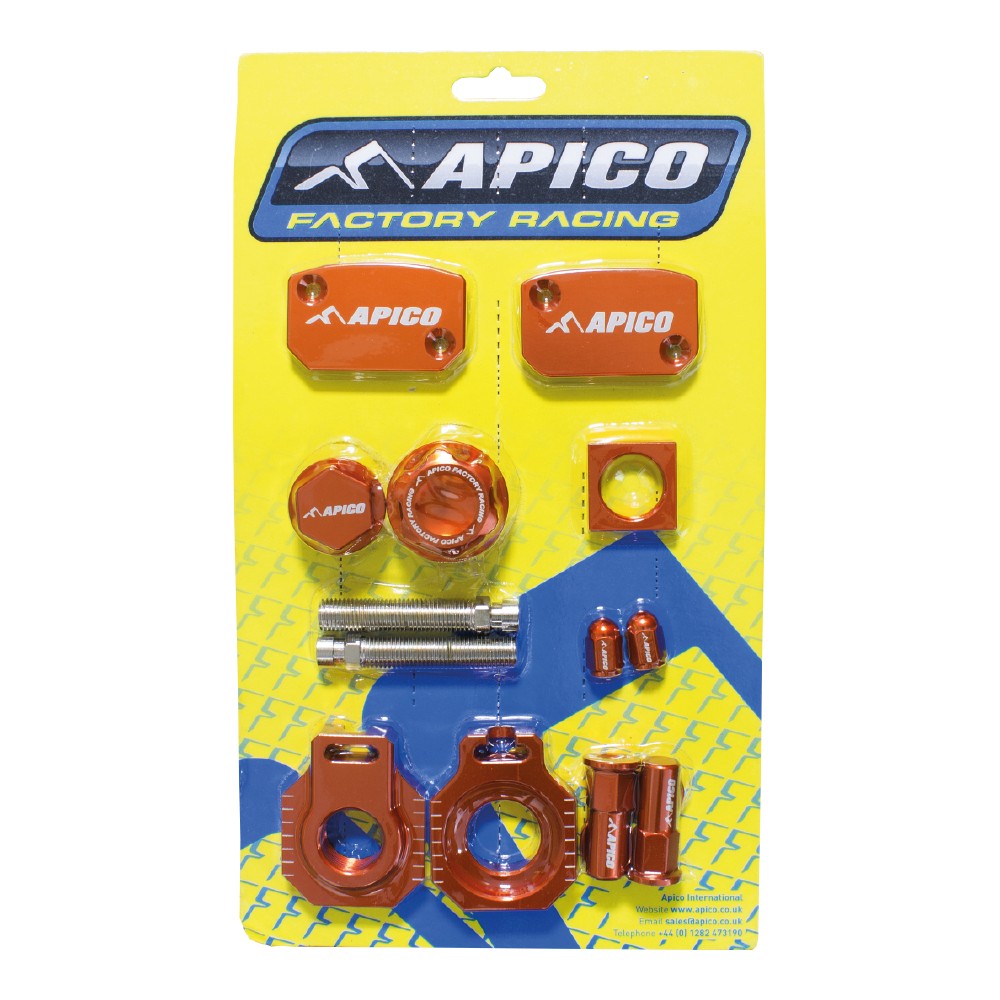 Bright orange aluminum accessories for KTM and Husqvarna motorcycles, including caps, clamps, and bolts, displayed on a yellow backing with the Apico logo prominently featured.