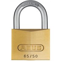 Brass ABUS padlock 65/50mm with silver shackle, embossed logo, and keyed alike feature.