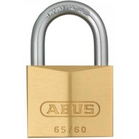 Brass ABUS padlock with silver shackle, engraved logo and "65/60" marking on the front.