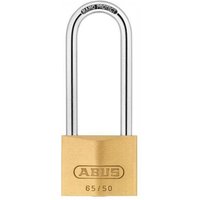 Brass ABUS padlock with 80mm long silver shackle, model 65/50, carded packaging.