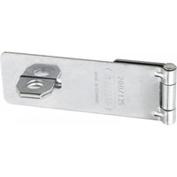 Silver ABUS hasp & staple, 135mm length, with hinge and two screw holes for secure locking.