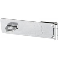 Silver ABUS hasp and staple, 155mm, with a hinge and a circular lock hole on a flat metal plate.