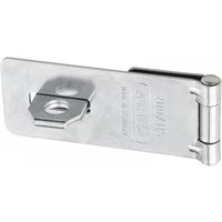 "Silver ABUS Mechanical hasp and staple with hinge, embossed logo, and hole for padlock attachment"