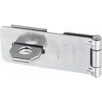 Silver ABUS hasp and staple with hinge, rectangular shape, embossed logo, and central hole for padlock.