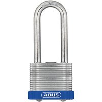 ABUS Mechanical laminated padlock with long shackle, silver body, blue base, and ABUS logo on the bottom.