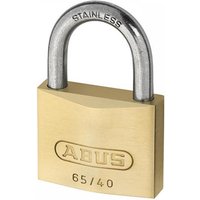 Brass ABUS padlock with stainless steel long shackle, model 65Ib/40Mm, engraved with "ABUS" and "65/40".