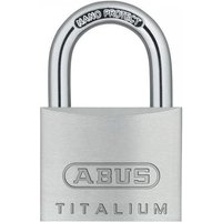 Silver ABUS Titalium padlock with rounded shackle and engraved logo on the body.
