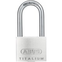 ABUS Titalium padlock with long silver shackle and rectangular body, engraved logo on front.