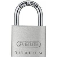 Silver ABUS Titalium padlock with chrome shackle and engraved logo on the body.