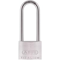 ABUS Titalium padlock with 63mm long shackle, silver body, engraved logo, and carded packaging.