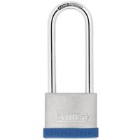 Silver ABUS padlock with long 80mm shackle, rectangular body, and blue base labeled "Silver Rock™ 5".