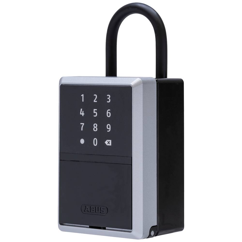 Silver and black Abus Keygarage One 797 key safe with a numeric keypad, a sturdy metal body, and a large shackle for easy attachment.