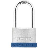 Silver Abus Silver Rock 5 padlock with blue base and engraved logo on the body.