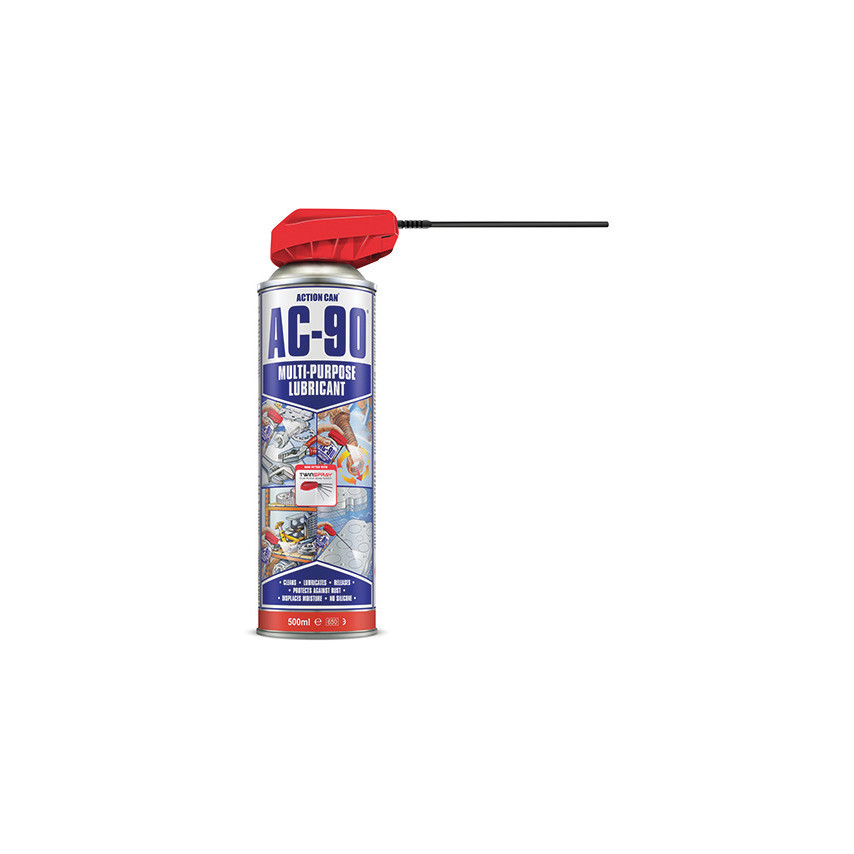 AC-90 Multi-Purpose Lubricant in a 500ml aerosol can with a red nozzle, featuring a blue and white label with graphics and text highlighting its versatility.