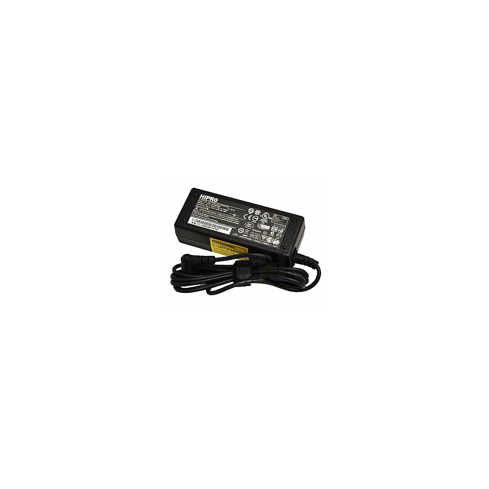 Acer AP.06501.013 power adapter in black, featuring a compact design, multiple certification labels, and a coiled power cord for easy connection.