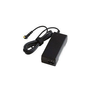 Black Acer power adapter with a rectangular design, featuring a power input port and a coiled cable for easy management, rated at 65 W for indoor use.