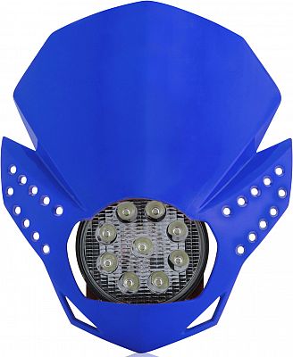 Acerbis Fulmine LED headlight in vibrant blue with a sleek, aerodynamic design, featuring a circular array of bright LED lights and ventilation holes on the sides.