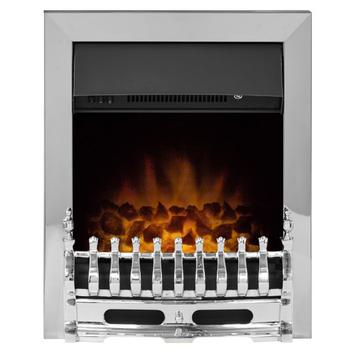 Chrome electric fire featuring a sleek design, a black front panel, and realistic orange flame effect with decorative faux logs, set within a polished chrome frame.