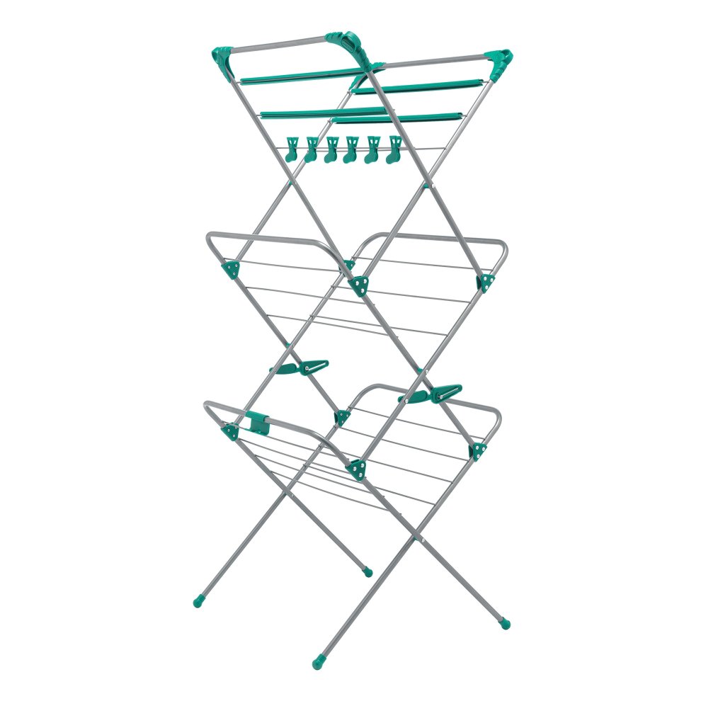 Three-tier clothes airer in silver and teal, featuring a sturdy metal frame, multiple drying rods, and clips for hanging garments securely.