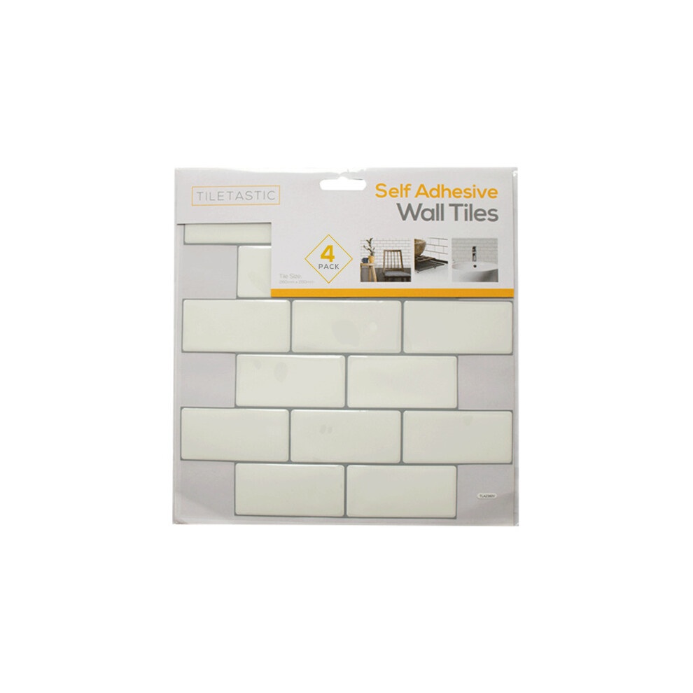 White 3D vinyl brick tile stickers in a 4-pack, featuring a glossy finish and self-adhesive backing, designed for easy application on walls.