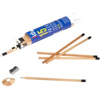 Pack of 15 Advent Carpenters HB pencils with black erasers and included metal sharpener in a clear plastic tube.