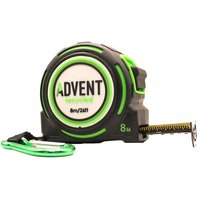 Black and green Advent RTM8032 tape measure, 8M/26Ft, with recycled materials, 32mm width, and belt clip.